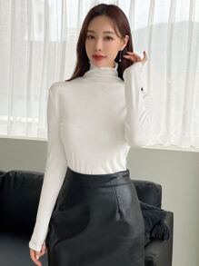 DAZY Solid Lettuce Trim High Neck Tee - White - View 3