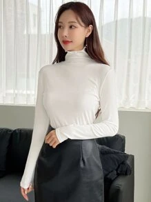 DAZY Solid Lettuce Trim High Neck Tee - White - View 4