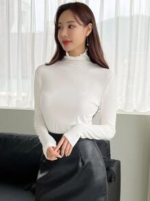 DAZY Solid Lettuce Trim High Neck Tee - White - View 5