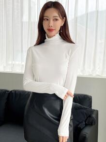 DAZY Solid Lettuce Trim High Neck Tee - White - View 8