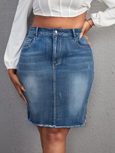 SHEIN SXY Plus Split Raw Hem Denim Skirt