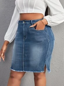 SHEIN SXY 大碼開叉毛邊牛仔半身裙