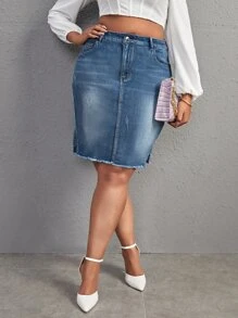 SHEIN SXY 大碼開叉毛邊牛仔半身裙