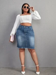 SHEIN SXY 大碼開叉毛邊牛仔半身裙