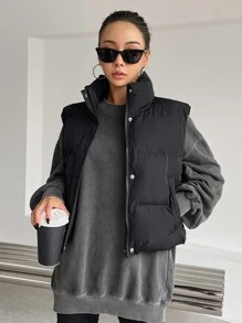 DAZY 女士立领拉链休闲背心，冬季女式外套 - 黑色 - 查看 1