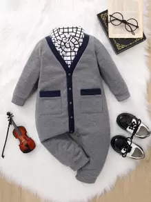 Baby Boy Plaid Bow Contrast Trim Dual Pocket 2 In 1 Jumpsuit - Dark Grey - View 1