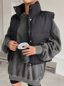 DAZY 女士立领拉链休闲背心，冬季女式外套 - 黑色 - 查看 3