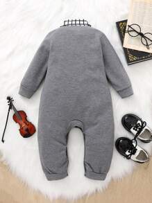 Baby Boy Plaid Bow Contrast Trim Dual Pocket 2 In 1 Jumpsuit - Dark Grey - View 2