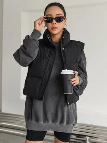 DAZY 女士立领拉链休闲背心，冬季女式外套 - 黑色 - 查看 4