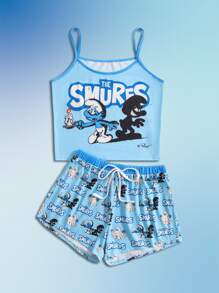 ROMWE X The Smurfs Letter Cartoon Graphic Knot Decor Pajama Set, School - Blue - View 1