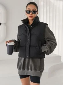 DAZY 女士立领拉链休闲背心，冬季女式外套 - 黑色 - 查看 5