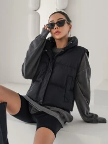 DAZY 女士立领拉链休闲背心，冬季女式外套 - 黑色 - 查看 7