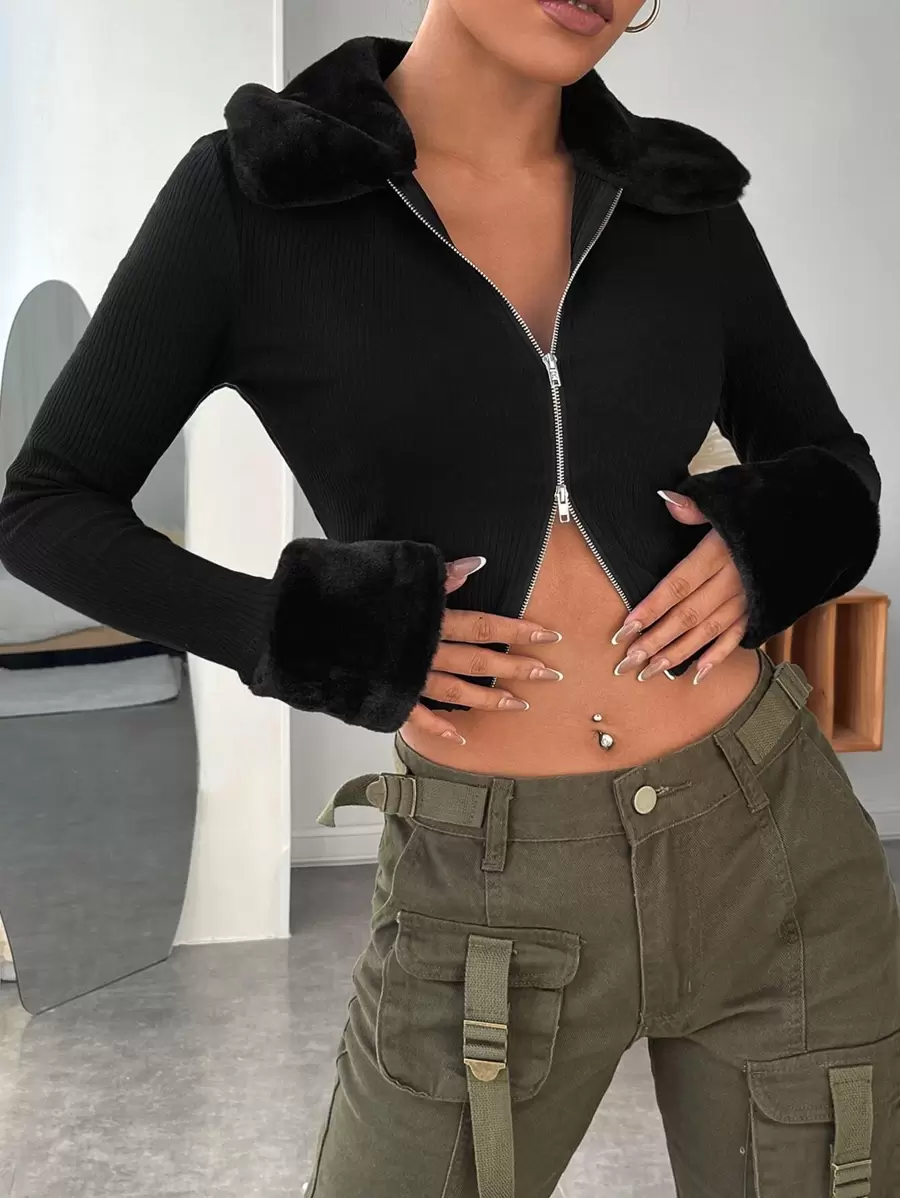 Muchica Borg Collar Zip Front Jacket In Fall/Winter - Black - View 1