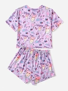 ROMWE Kawaii Letter Cartoon Print Pajama Set - Lilac Purple - View 2