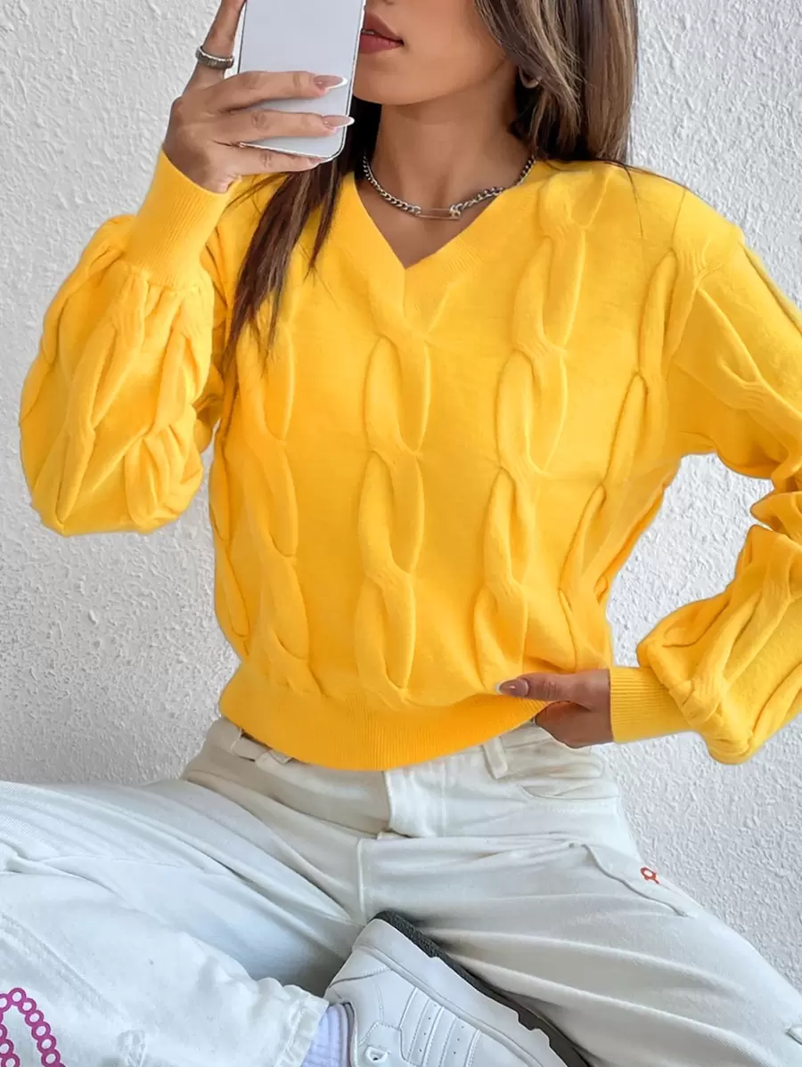 RueChic Cable Knit Lantern Sleeve Jumper