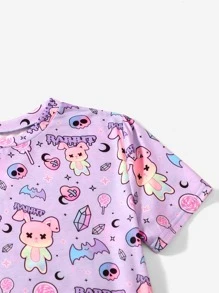 ROMWE Kawaii Letter Cartoon Print Pajama Set - Lilac Purple - View 4