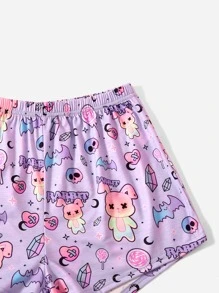 ROMWE Kawaii Letter Cartoon Print Pajama Set - Lilac Purple - View 3