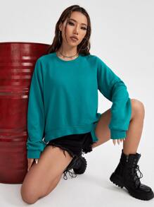 Solid Raglan Sleeve Knot Hem Sweatshirt In Fall/Winter