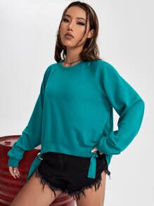 Solid Raglan Sleeve Knot Hem Sweatshirt In Fall/Winter