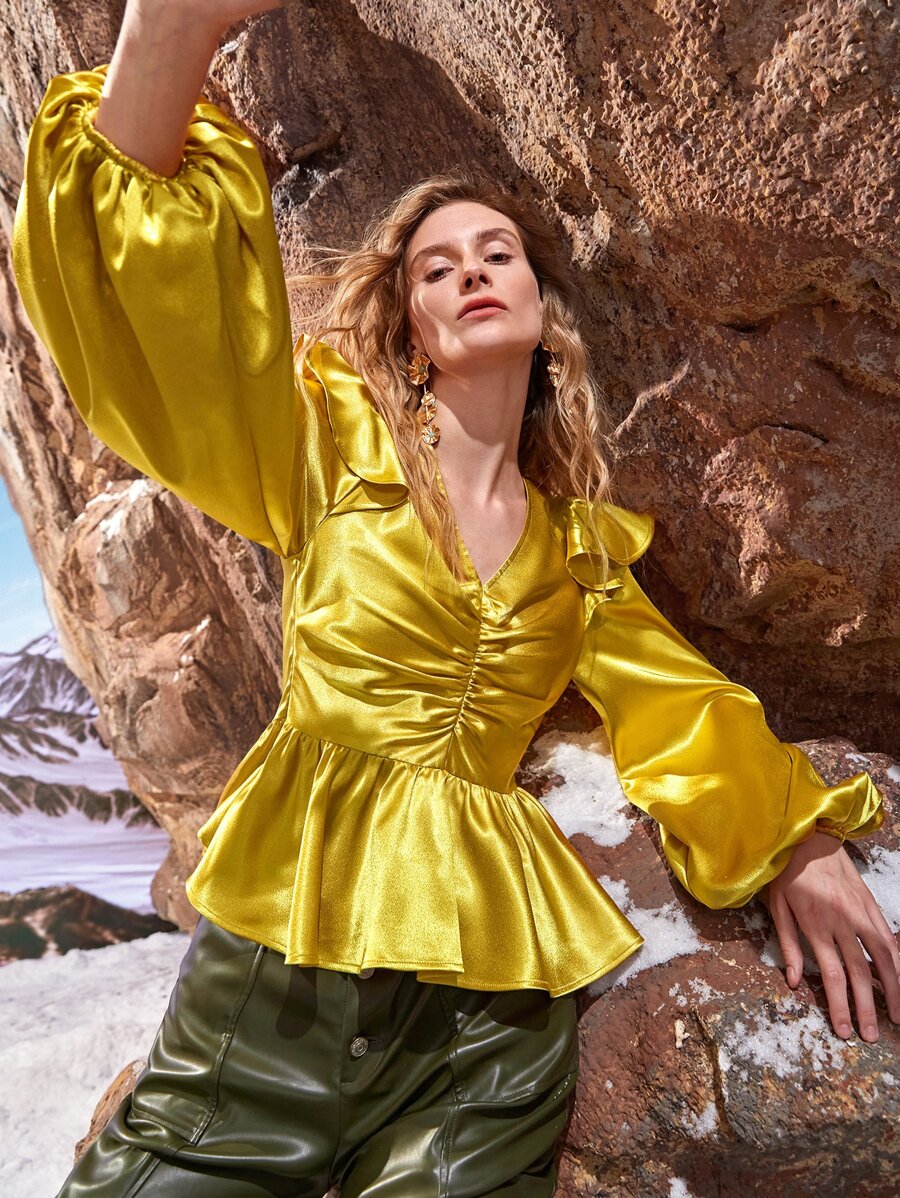 SHEIN Ruched Front Lantern Sleeve Satin Peplum Top - Yellow - View 1