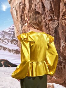SHEIN Ruched Front Lantern Sleeve Satin Peplum Top - Yellow - View 2