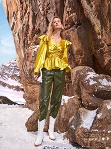 SHEIN Ruched Front Lantern Sleeve Satin Peplum Top - Yellow - View 3