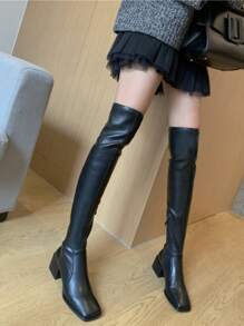 qishangda Botas calcetín de punta cuadrada con tacón grueso - Negro - Ver 4