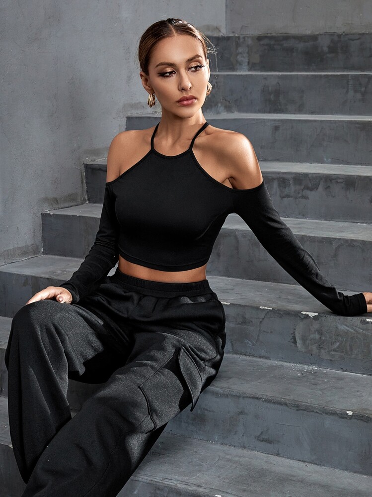 SHEIN Essnce Áo thun nữ Cắt ra màu trơn Giải trí - màu đen - Xem 1