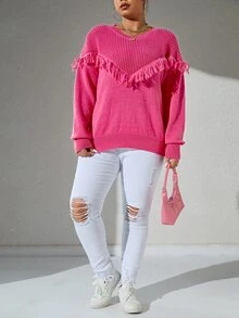 大碼流蘇邊落肩袖套頭毛衣