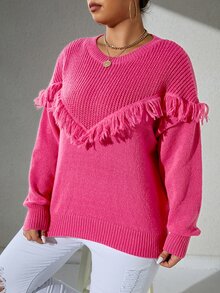 大碼流蘇邊落肩袖套頭毛衣