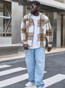 Manfinity Hombres Camisa con estampado de cuadros con cordón con capucha - Multicolor - Ver 4