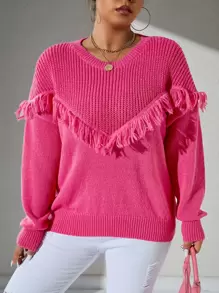 大碼流蘇邊落肩袖套頭毛衣
