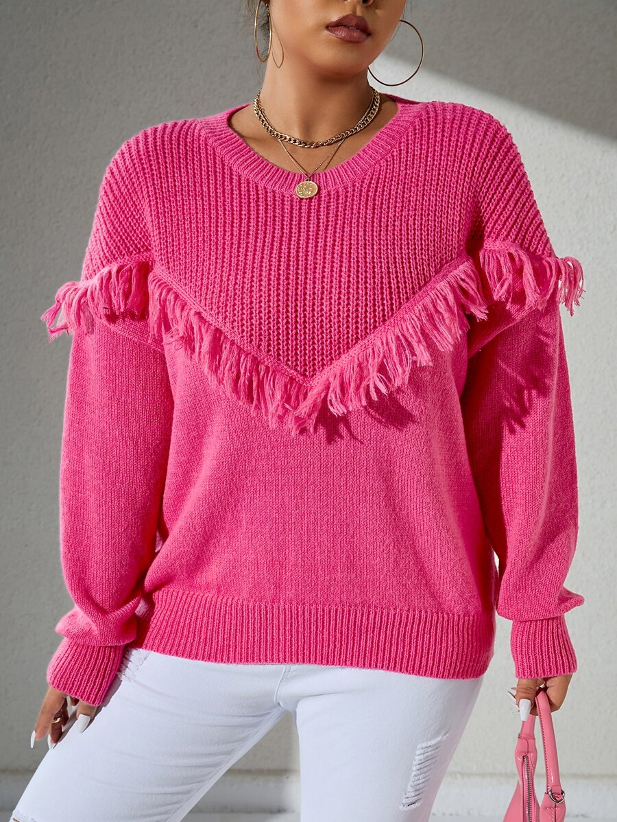 大碼流蘇邊落肩袖套頭毛衣