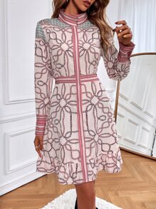 SHEIN LUNE Vestido con estampado de dibujo bajo con fruncido sin cinturón - Multicolor - Ver 3