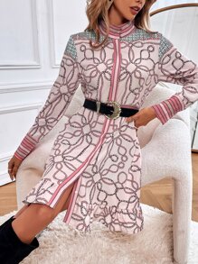 SHEIN LUNE Vestido con estampado de dibujo bajo con fruncido sin cinturón - Multicolor - Ver 4