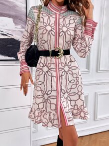 SHEIN LUNE Vestido con estampado de dibujo bajo con fruncido sin cinturón - Multicolor - Ver 5