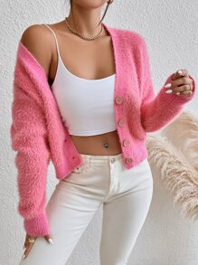 Drop Shoulder Fluffy Knit Cardigan - Watermelon Pink - View 3