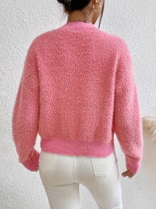 Drop Shoulder Fluffy Knit Cardigan - Watermelon Pink - View 2