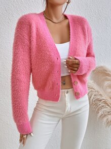 Drop Shoulder Fluffy Knit Cardigan - Watermelon Pink - View 5