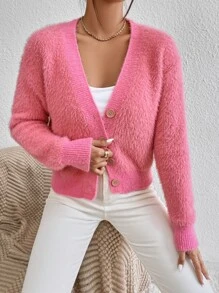 Drop Shoulder Fluffy Knit Cardigan - Watermelon Pink - View 6