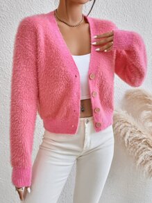 Drop Shoulder Fluffy Knit Cardigan - Watermelon Pink - View 1