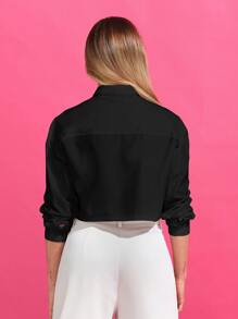SHEIN EZwear Áo sơ mi nữ Túi Nút phía trước màu trơn Giải trí - màu đen - Xem 2
