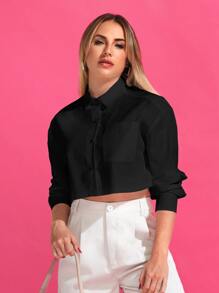 SHEIN EZwear Áo sơ mi nữ Túi Nút phía trước màu trơn Giải trí - màu đen - Xem 6