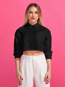 SHEIN EZwear Áo sơ mi nữ Túi Nút phía trước màu trơn Giải trí - màu đen - Xem 7
