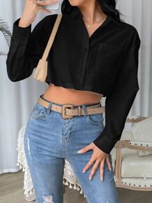 SHEIN EZwear Áo sơ mi nữ Túi Nút phía trước màu trơn Giải trí - màu đen - Xem 8