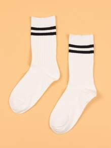 Striped Pattern Crew Socks - White - View 1