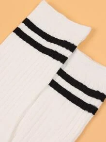 Striped Pattern Crew Socks - White - View 3