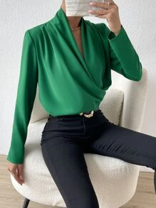 SHEIN Privé Solid Draped Wrap Front Shirt - Green - View 1