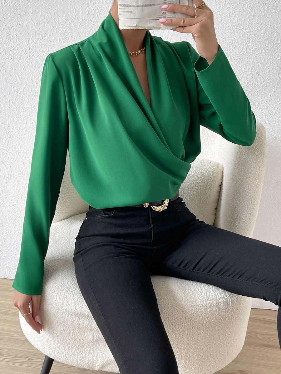 SHEIN Privé Solid Draped Wrap Front Shirt - Green - View 1