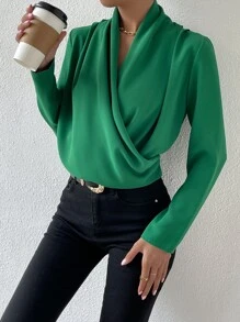 SHEIN Privé Solid Draped Wrap Front Shirt - Green - View 3